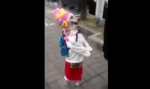 二本足で立ったまま散歩する犬！洋服を着たワンコが二足歩行で歩き続けるゾ！