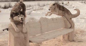 木彫りハスキー犬のベンチを作っていく様子